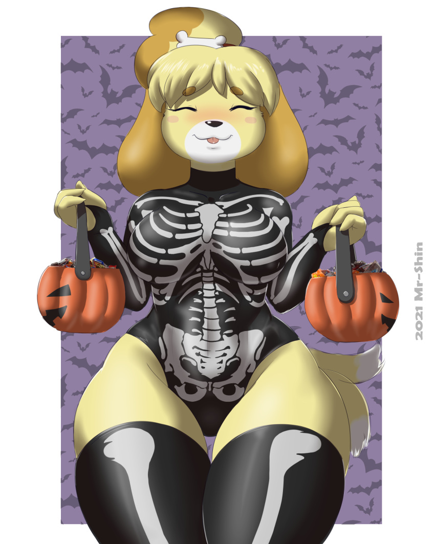 2021 4:5 accessory animal_crossing anthro big_breasts black_bottomwear black_clothing black_legwear black_leotard black_nose black_topwear blep blonde_hair blush border bottomwear breasts brown_body brown_fur brown_hair candy canid canine canis clothing costume dessert domestic_dog eyes_closed female food front_view fur hair hair_accessory halloween hi_res holding_object holidays huge_thighs isabelle_(animal_crossing) legwear mammal mr-shin nintendo shih_tzu skeleton_costume smile thick_thighs tight_clothing tongue tongue_out topwear toy_dog video_games white_body white_border white_fur wide_hips yellow_body yellow_fur