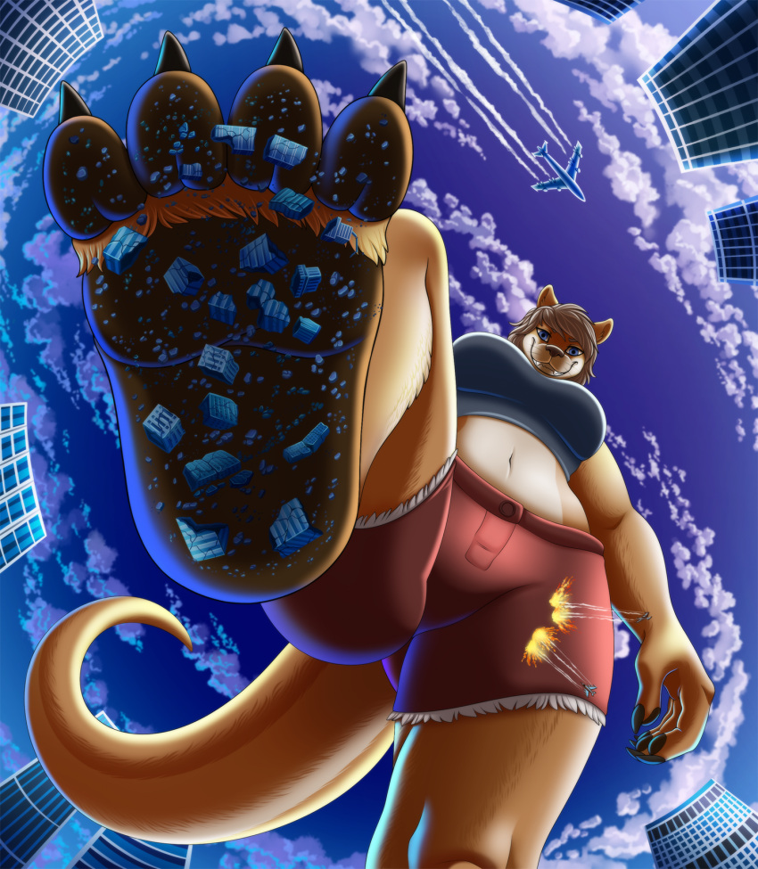 2021 4_toes aircraft airplane anthro bottomwear breasts building city clothed clothing cloud debris feet female first_person_view foot_focus furrypur hi_res jet looking_down lutrine macro mammal military mustelid navel shorts sky skyscraper solo toes underpaw ych_result