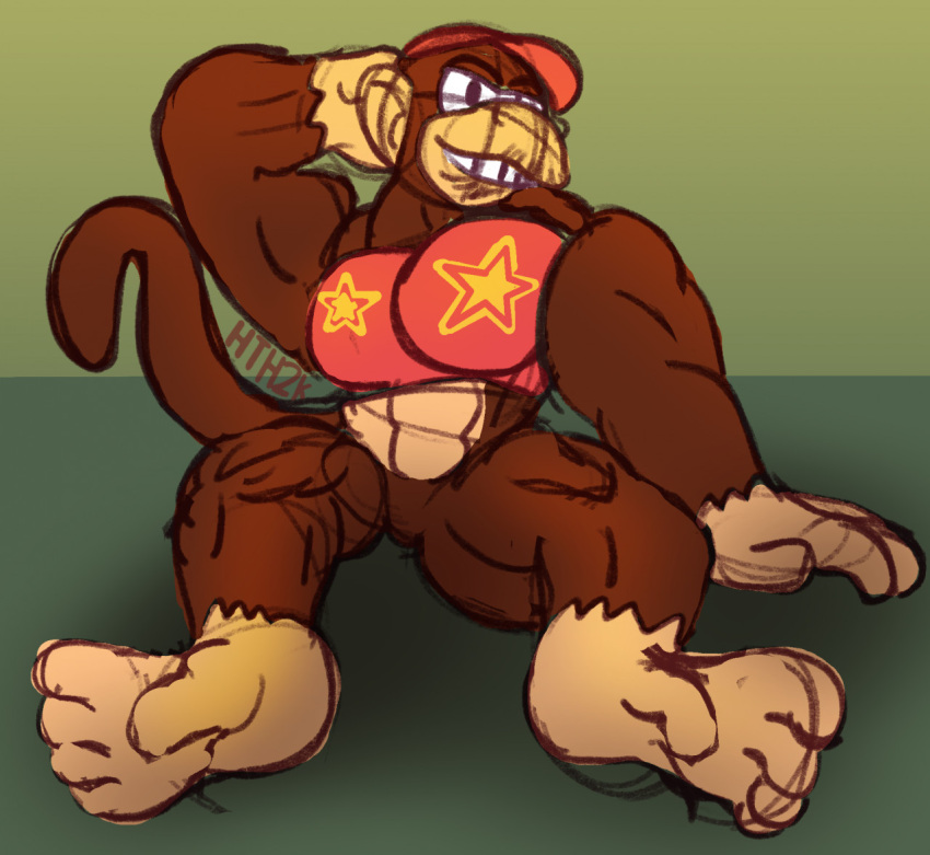 anthro big_muscles diddy_kong donkey_kong_(series) grin hand_behind_head hydethehybrid2000 looking_at_viewer male muscular muscular_anthro muscular_male nintendo smile solo video_games