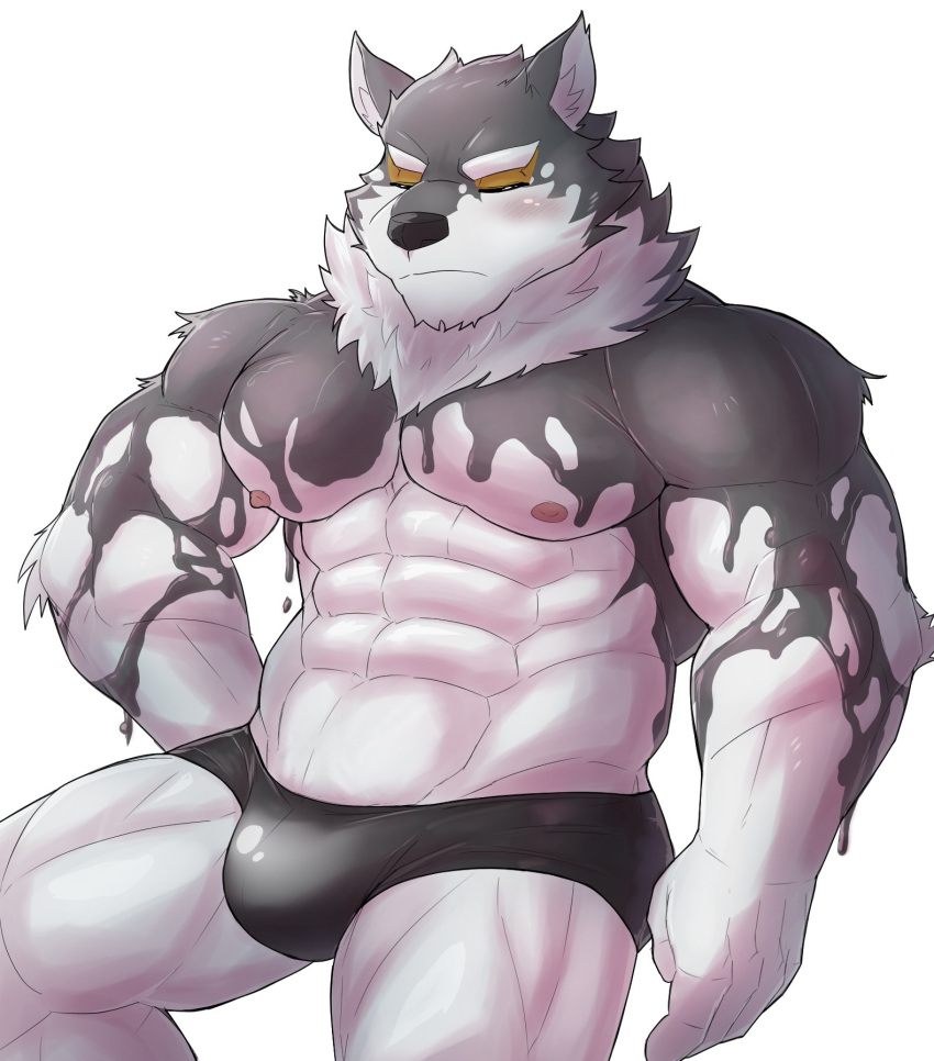 anthro black_goo black_nose blush bulge canid canine canis clothed clothing domestic_dog eyes_closed fur hi_res lifewonders live-a-hero male mammal monomasa muscular muscular_anthro muscular_male nipples serenaught simple_background solo spitz underwear underwear_only video_games white_background white_body white_fur