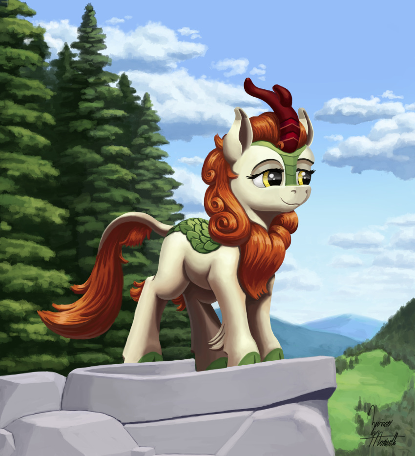 2021 asian_mythology autumn_blaze_(mlp) brown_mane chinese_mythology cloven_hooves east_asian_mythology evergreen_tree eyebrows eyelashes female feral friendship_is_magic fur green_body green_scales hi_res hooves kirin lidded_eyes mammal mane my_little_pony mythology outside pine_tree plant rock scales scenery signature smile solo tree yellow_eyes zevironmoniroth