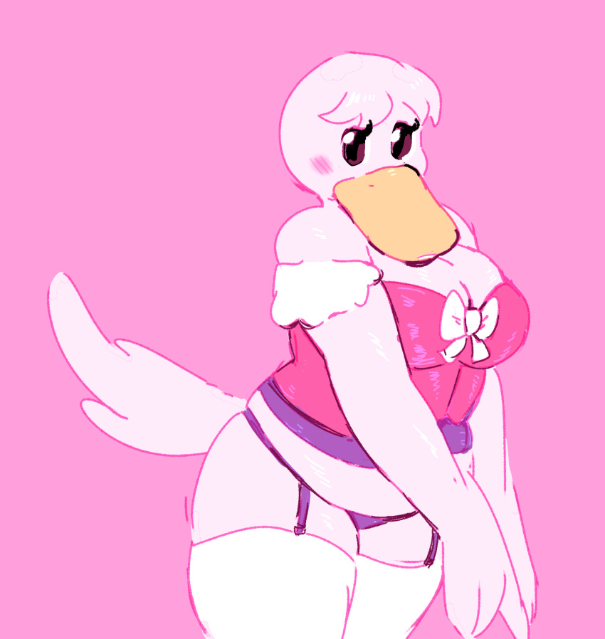 2021 animal_crossing anthro avian beak big_breasts bird blush breasts bustier cleavage clothed clothing colored_sketch currentlytr_ash feathers female garter_straps hi_res legwear lingerie nintendo non-mammal_breasts pelecaniform pelican pelly_(animal_crossing) pink_background portrait simple_background solo stockings thick_thighs thigh_highs three-quarter_portrait topwear video_games white_body white_feathers