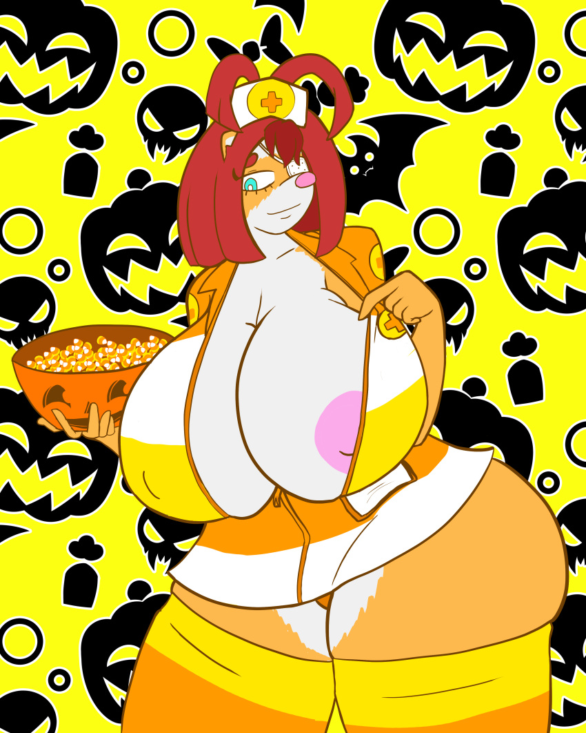 absurd_res anthro big_breasts breasts candy candy_corn clothed clothing dessert domestic_ferret erect_nipples eye_patch eyewear female food fruit halloween halloween_costume hi_res holidays huge_breasts huge_thighs hyper hyper_breasts jacket kalya mammal mustela mustelid musteline nipple_slip nipples nurse_clothing open_clothing open_jacket open_topwear plant pumpkin solo tamboribora thick_thighs topwear true_musteline