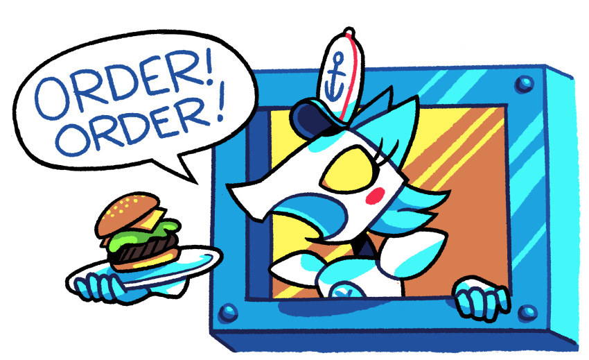 android anthro burger darkner deltarune felid feline female food hi_res humanoid humor krabby_patty machine mammal nickelodeon ordering_food robot solo spongebob_squarepants tasque_manager thatguynamedjoe toony undertale_(series) video_games