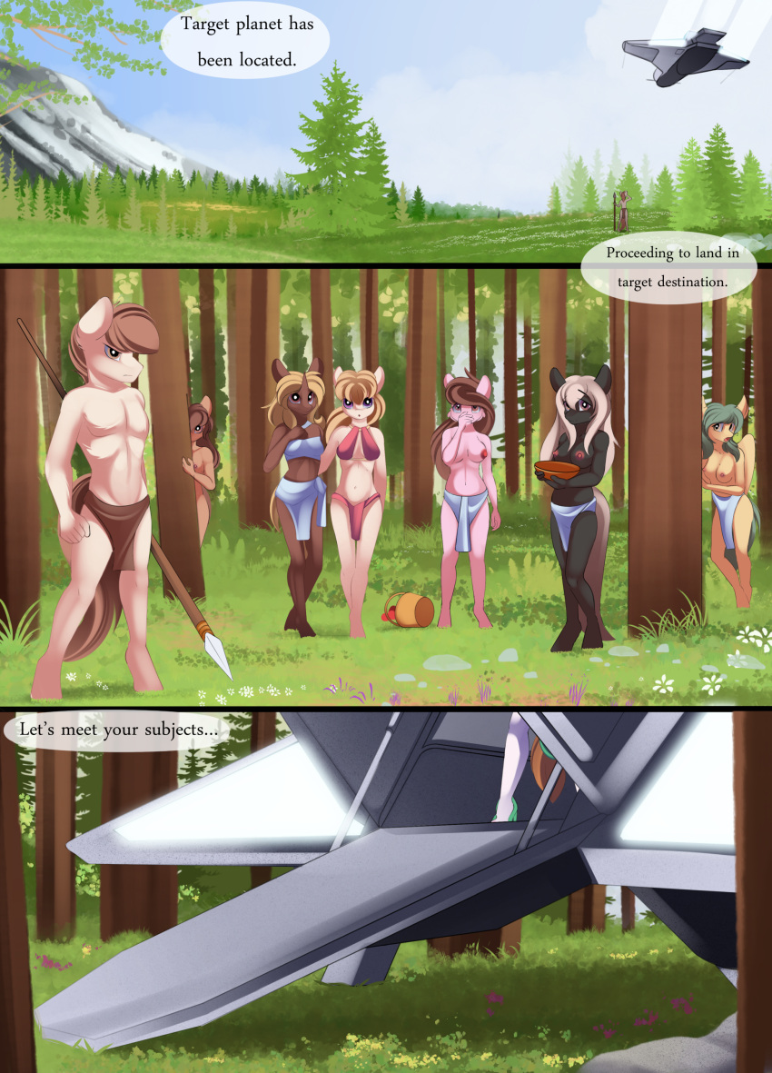 absurd_res anthro areola bottomwear breasts casual_exposure casual_nudity clothed clothing comic conrie english_text female forest hasbro hi_res loincloth male melee_weapon my_little_pony nipples nude plant polearm public public_nudity scared spacecraft spear standing surprise text topless tree tribal vehicle weapon
