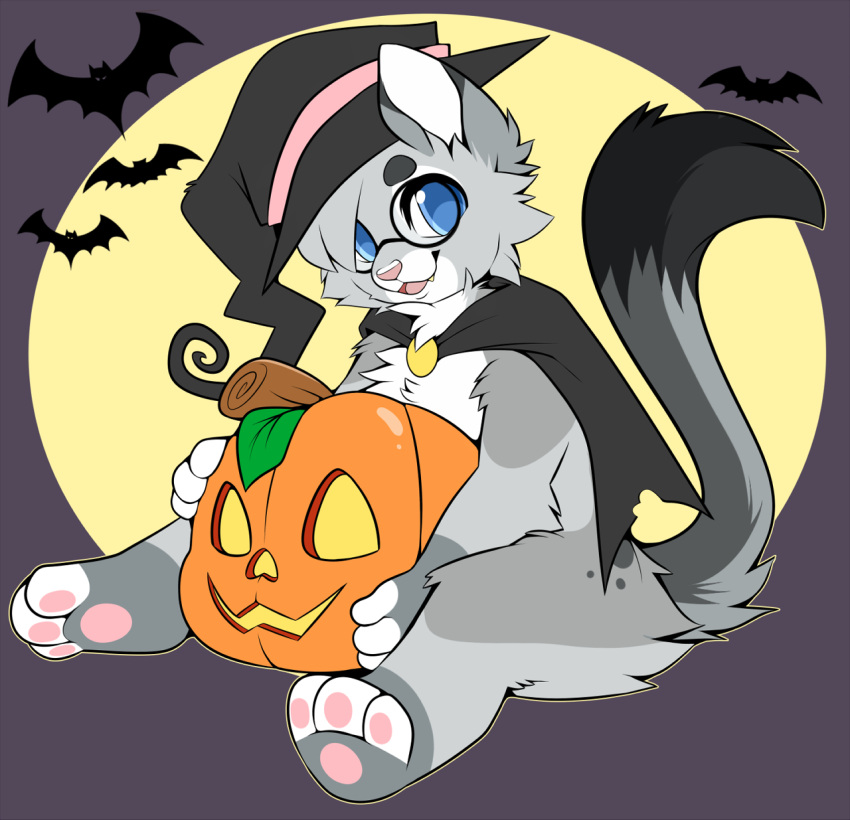 anthro blue_eyes cape chibi chiropteran cloak clothing digital_media_(artwork) dipstick_tail domestic_cat egyptian_mau eyewear felid feline felis food fruit glasses grey_body hair halloween halloween_costume halloween_decoration halloween_pumpkin hat headgear headwear hi_res holidays jack-o'-lantern looking_at_viewer male mammal markings moon mostly_nude nixuelle pawpads paws pink_nose plant pumpkin sitting slushie-nyappy-paws smile solo spots spotted_markings tail_markings witch_costume witch_hat