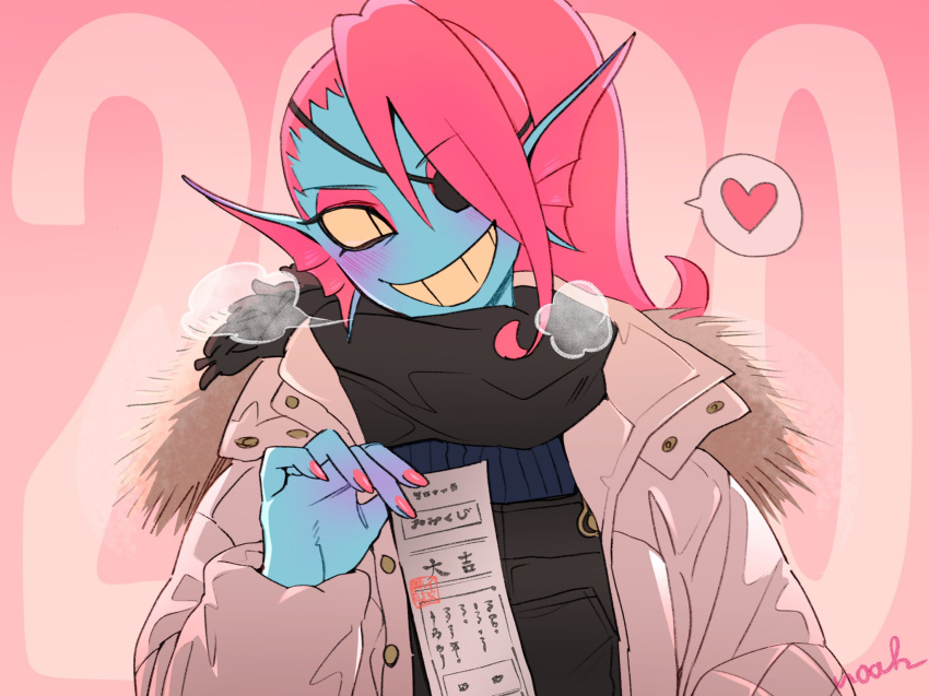 &lt;3 5_fingers animal_humanoid blush clothing coat eye_patch eyewear female fin fingers fish fish_humanoid hair hair_over_eye hi_res holding_object humanoid jacket looking_at_viewer marine marine_humanoid noaharbre one_eye_obstructed ponytail red_hair smile solo teeth topwear undertale undertale_(series) undyne video_games