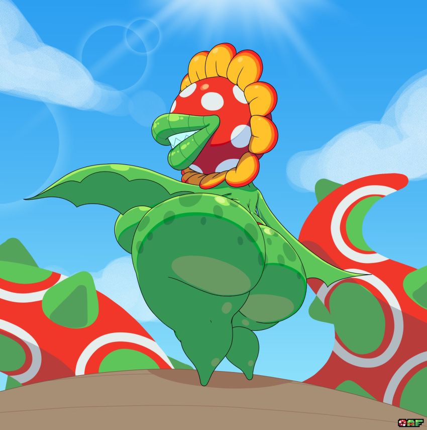 absurd_res big_breasts big_butt breasts butt clothed clothing elemental_creature eyeless female flora_fauna hi_res huge_butt mario_bros nintendo not_furry nsfwoaf petey_piranha piranha_plant plant rear_view sharp_teeth teeth thick_thighs thong topless underwear video_games