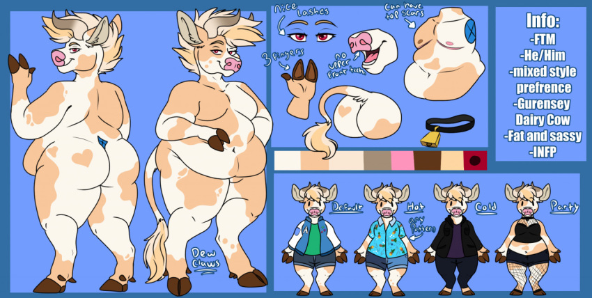 2021 anthony_(goldiescales) anthro bell bell_collar black_collar bovid bovine brown_hooves cattle clothed clothing collar cowbell english_text goldiescales hooves mammal model_sheet nude pink_nose slightly_chubby standing text trans_(lore) trans_man_(lore)