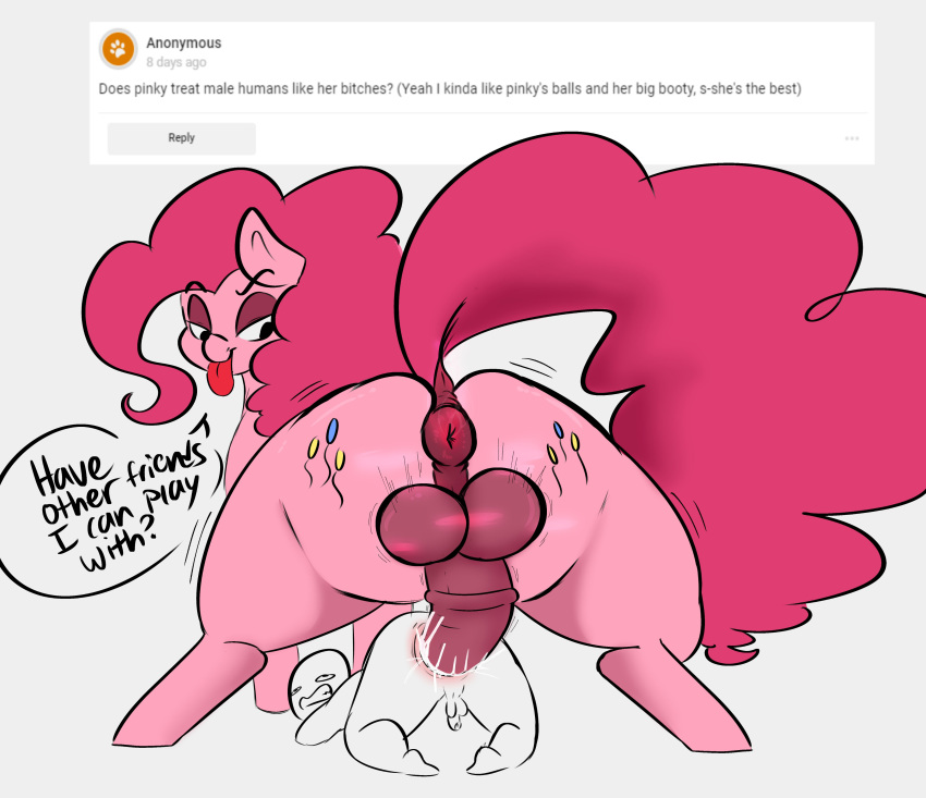 absurd_res all_fours anal anal_penetration animal_genitalia animal_penis anthro anus balls bestiality big_balls bodily_fluids clenched_teeth cum cum_in_ass cum_inside dialogue doggystyle duo elewdfurs english_text equine_penis erection feral feral_penetrating feral_penetrating_human friendship_is_magic from_behind_position fur genital_fluids genitals gynomorph gynomorph/male gynomorph_penetrating gynomorph_penetrating_male hair hasbro hi_res human human_on_feral human_penetrated intersex intersex/male intersex_penetrating intersex_penetrating_male interspecies looking_pleasured male male_penetrated mammal medial_ring my_little_pony penetration penis perineum pink_body pink_fur pink_hair pink_tail pinkie_pie_(mlp) rear_view sex teeth text thick_thighs tongue tongue_out unknown_artist