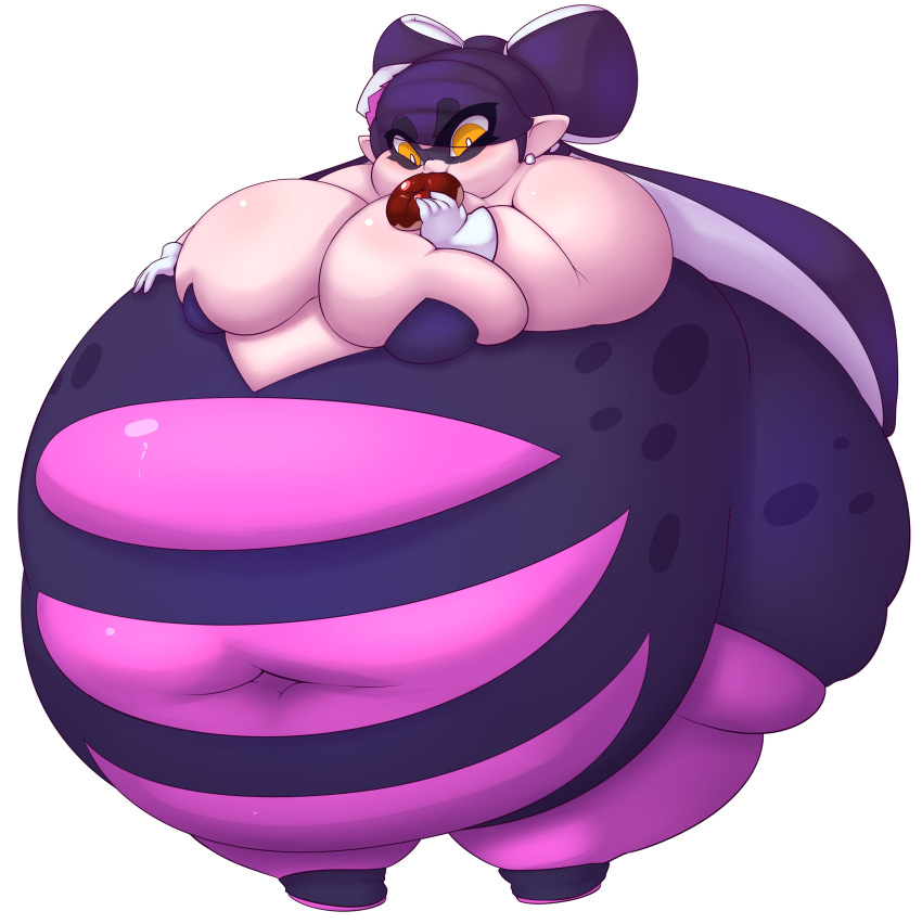 absurd_res accessory animal_humanoid belly big_belly big_breasts breasts callie_(splatoon) cephalopod cephalopod_humanoid chubby_cheeks cleavage clothed clothing deep_navel dessert doughnut dress ear_piercing ear_ring eating female flabby_arms food footwear front_view gloves hair hair_accessory handwear hi_res holding_doughnut holding_food holding_object huge_breasts huge_hips huge_thighs humanoid humanoid_pointy_ears hyper hyper_belly hyper_hips inkling leggings legwear marine marine_humanoid mollusk mollusk_humanoid morbidly_obese morbidly_obese_female morbidly_obese_humanoid navel navel_outline nintendo obese obese_female obese_humanoid orange_eyes overweight overweight_female overweight_humanoid pale_skin piercing princecoffeecakes pseudo_hair purple_hair shoes simple_background solo splatoon squid_humanoid standing tentacle_hair tentacles thick_thighs tight_dress video_games wide_hips