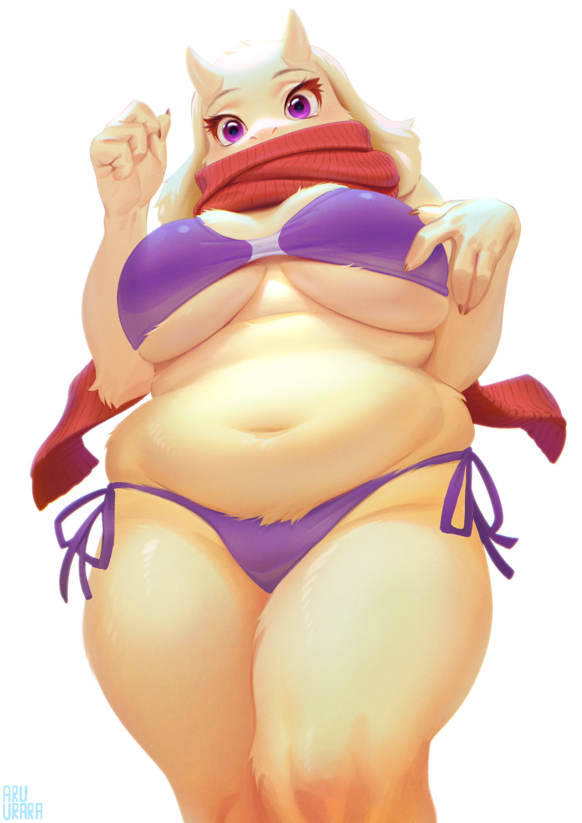 4_fingers absurd_res anthro aruurara belly big_breasts bikini boss_monster bovid breasts caprine chubby_female clothed clothing curvy_figure female fingers floppy_ears fur hi_res horn huge_breasts long_ears looking_at_viewer low-angle_view mammal mature_anthro mature_female navel overweight overweight_anthro overweight_female portrait purple_bikini purple_clothing purple_eyes purple_swimwear scarf side-tie_bikini signature simple_background slightly_chubby solo standing swimwear thick_thighs three-quarter_portrait toriel undertale undertale_(series) video_games voluptuous white_background white_body white_fur wide_hips