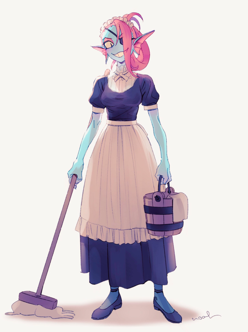 animal_humanoid bucket cleaning_tool clothing container eye_patch eyewear female fin fish fish_humanoid footwear hi_res holding_bucket holding_cleaning_tool holding_container holding_mop holding_object humanoid looking_at_viewer maid_headdress maid_uniform marine marine_humanoid mop noaharbre shoes simple_background smile solo undertale_(series) undyne uniform white_background