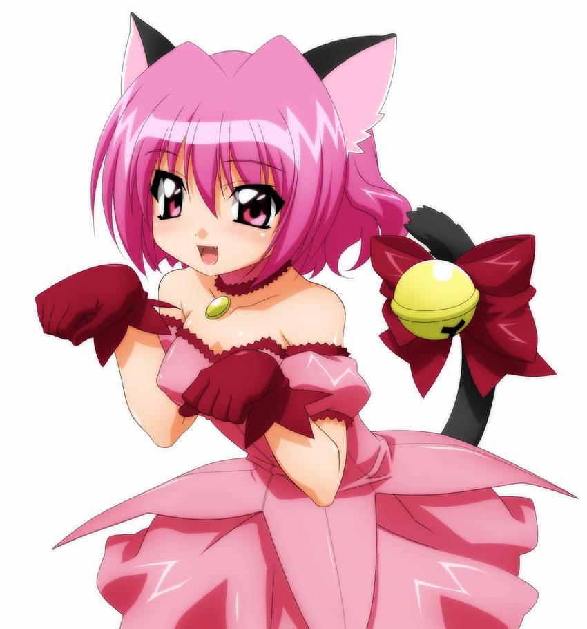 absurdres animal_ears bell bow breasts cat_ears cat_tail choker covered_nipples detached_sleeves fang gloves highres jingle_bell magical_girl mew_ichigo momomiya_ichigo non-web_source paw_pose pink_choker pink_eyes pink_hair puffy_detached_sleeves puffy_sleeves red_gloves short_hair small_breasts solo sugimura_tomokazu tail tail_bell tail_bow tokyo_mew_mew