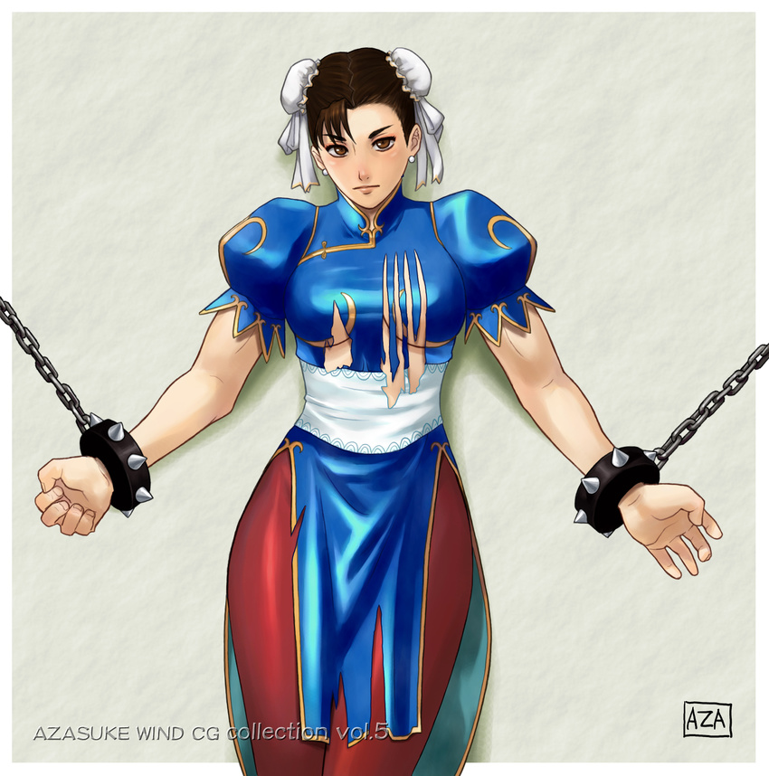 azasuke azasuke_wind bondage bracelet capcom chained chains chun-li chun_li double_bun double_buns highres jewelry spiked_bracelet spikes street_fighter torn_clothes