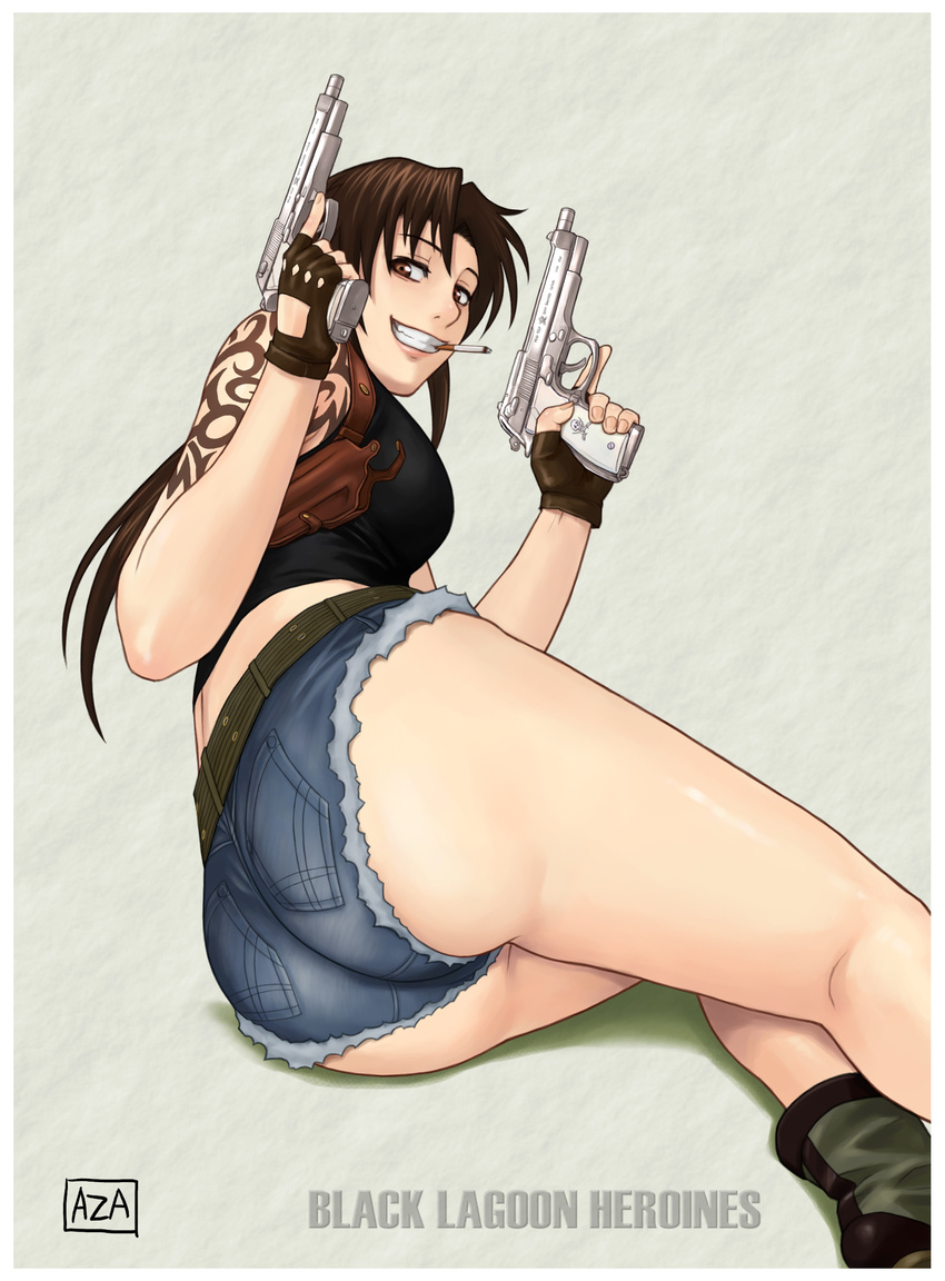 absurdres arm_support ass azasuke azasuke_wind belt black_lagoon boots breasts brown_eyes brown_hair cigarette denim denim_shorts dual_wielding female fingerless_gloves from_behind gloves grin gun highres holster long_hair looking_back lying on_side revy revy_(black_lagoon) short_shorts shorts smile solo tank_top tattoo weapon