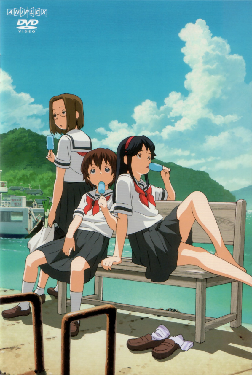 anime_location arm_support artist_request bag barefoot bench black_hair blue_eyes brown_eyes brown_hair cloud cover day dvd_cover eating expressionless feet food highres hitotsubashi_yurie kamichu! long_hair looking_away looking_up multiple_girls necktie onomichi_(city) outdoors plastic_bag pleated_skirt popsicle river saegusa_matsuri school_uniform serafuku shijou_mitsue shoes shoes_removed short_hair sitting skirt sky socks socks_removed spring_onion white_legwear
