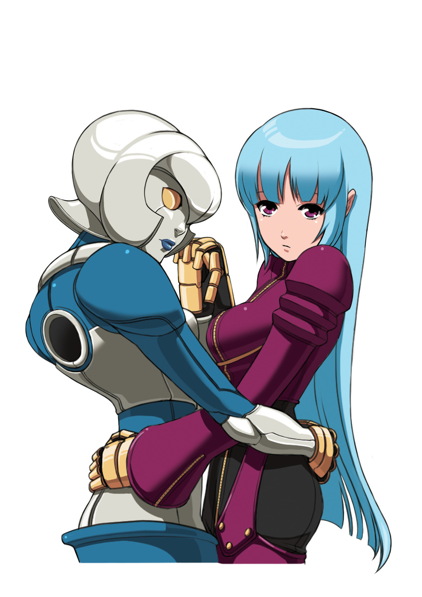absurdres artist_request blue_hair candy_diamond chaps highres holding_hands hug kula_diamond long_hair mecha multiple_girls purple_eyes snk the_king_of_fighters