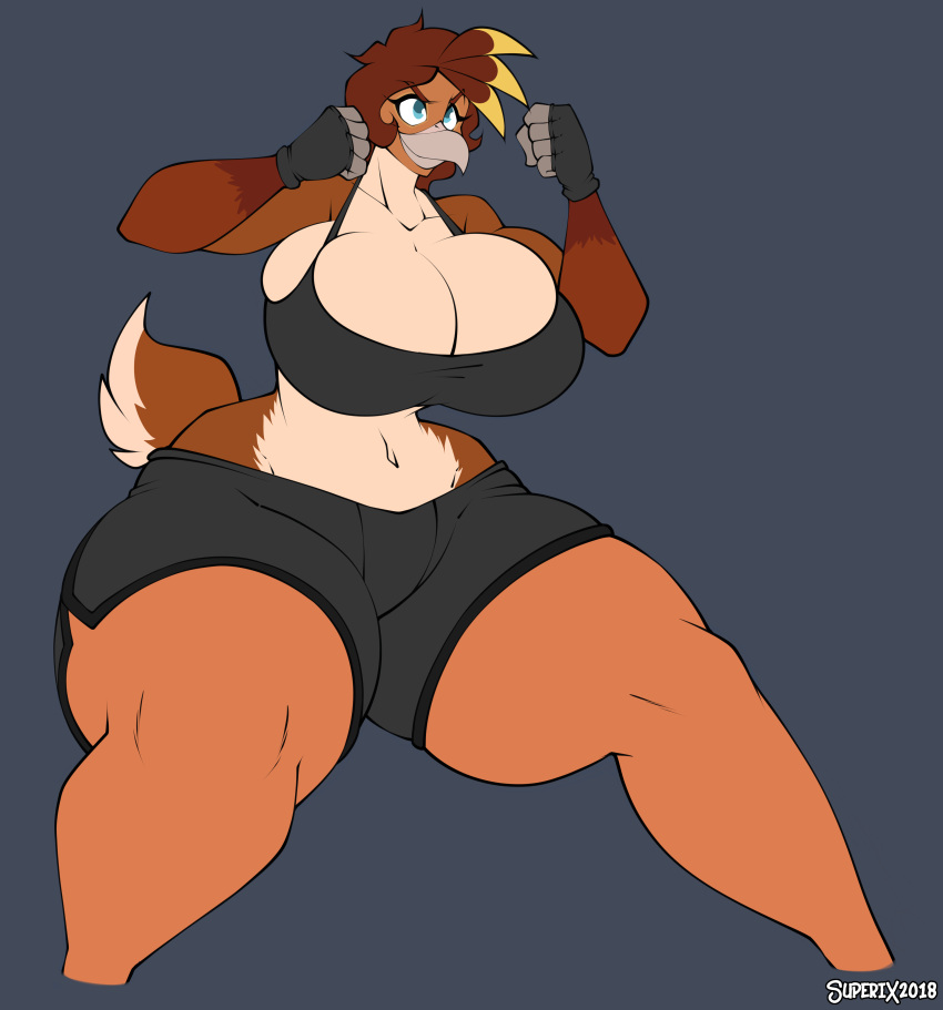 2018 5_fingers absurd_res anthro armwear avian beak biceps big_breasts bird black_eyelashes blonde_hair blue_eyes bottomwear breasts brown_body brown_eyebrows brown_feathers brown_hair chicken cleavage clothed clothing curvaceous curvy_figure dated digital_media_(artwork) eyebrows feathers female fighting_pose fingers fist flat_colors front_view fully_clothed galliform gallus_(genus) grey_background grey_beak hair hi_res huge_breasts huge_thighs midriff multicolored_body multicolored_feathers multicolored_hair muscular muscular_anthro muscular_female navel non-mammal_breasts phasianid portrait pose scuted_arms scutes signature simple_background skimpy solo spread_legs spreading story story_in_description superix tail_feathers tan_body tan_feathers thick_thighs three-quarter_portrait topwear voluptuous wide_hips ysabelle_kentuck