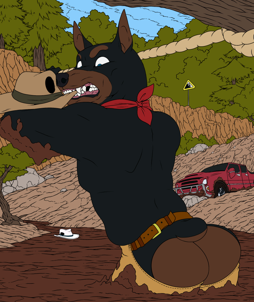 absurd_res anthro bandanna biceps big_butt butt canid canine canis chaps clothing cowboy cowboy_hat danger digital_media_(artwork) dobermann domestic_dog fur hat headgear headwear hi_res kerchief male mammal manny_(character) mud mudwuff multicolored_body multicolored_fur muscular muscular_anthro muscular_male peril pinscher plant quicksand river sinking solo stuck thick_thighs tree truck_(vehicle) two_tone_body two_tone_fur vehicle wilderness