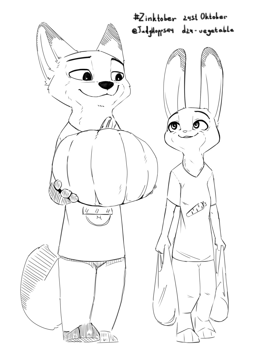 2021 absurd_res anthro canid canine clothed clothing disney duo female food fox fruit fully_clothed fur hi_res holding_object inktober inktober_2021 judy_hopps judyhopps44 lagomorph leporid looking_at_another male mammal monochrome nick_wilde plant pumpkin rabbit red_fox smile standing zootopia