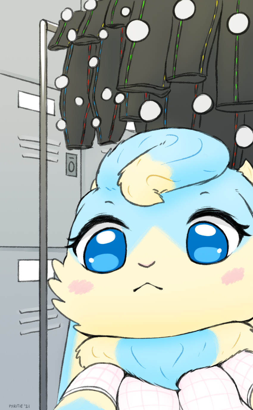 2021 blue_body blue_eyes blue_fur blush chibi clothed clothing dewlap_(anatomy) digital_media_(artwork) female floppy_ears fur hi_res kemono lagomorph leporid locker long_ears looking_at_viewer lop_ears mammal mocap_suit multicolored_body multicolored_fur pyritie rabbit selfie semi-anthro sofu_(pyritie) solo swirl tan_body tan_fur thick_thighs topwear two_tone_body two_tone_fur