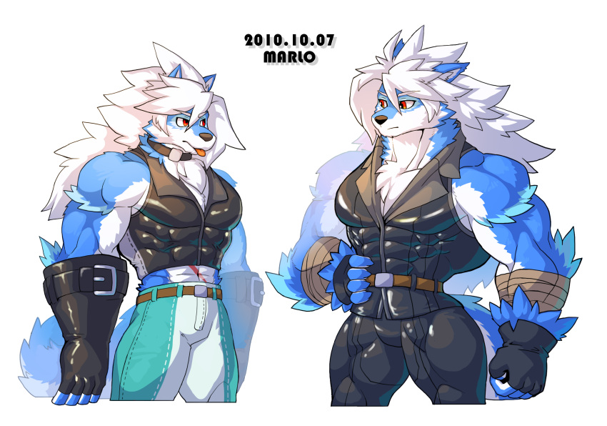 2021 abs anthro belt biceps big_muscles canid canine canis cheong_hwan clothing digital_media_(artwork) duo fingerless_gloves fur gloves hair handwear hi_res huge_muscles male mammal muscular muscular_anthro muscular_male pecs red_eyes simple_background white_hair wolf wolfmalro