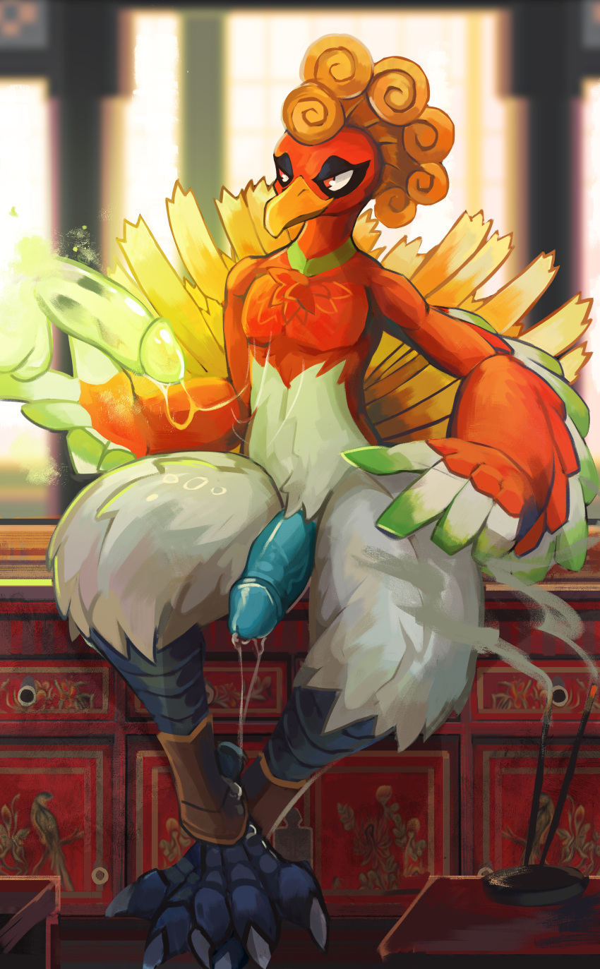 absurd_res anthro anthrofied avian beak bird blue_penis bodily_fluids european_mythology feathered_arms feathered_wings feathers genital_fluids genitals greek_mythology hi_res ho-oh legendary_pok&eacute;mon magic male multicolored_body multicolored_feathers mythological_avian mythological_firebird mythology nintendo nude penis phoenix plive pok&eacute;mon pok&eacute;mon_(species) precum sitting solo tail_feathers translucent translucent_penis video_games wings