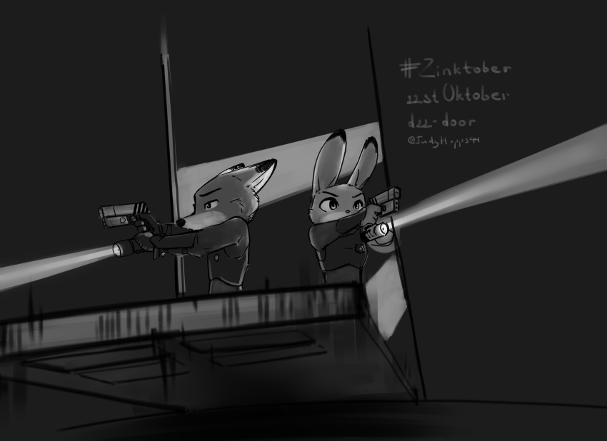 2021 anthro canid canine clothed clothing dipstick_ears disney duo flashlight fox fur hi_res holding_object holding_weapon inktober inktober_2021 judy_hopps judyhopps44 lagomorph leporid mammal monochrome multicolored_ears nick_wilde police_uniform rabbit red_fox uniform weapon zootopia