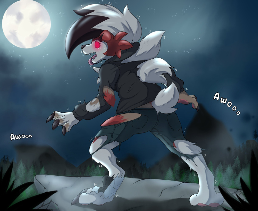 ambiguous_gender anthro biped black_nose bodily_fluids canid canine claw_growth claws clothing digitigrade drooling fangs finger_claws full_moon fur fur_growth fused_fingers glowing glowing_eyes growth hi_res human human_to_anthro lycanroc mammal mid_transformation midnight_lycanroc moon night nintendo open_mouth outside pawpads pink_pawpads plant pok&eacute;mon pok&eacute;mon_(species) ravieel red_body red_eyes red_fur ringed_eyes rock saliva scut_tail shaded shirt short_tail sky solo species_transformation sweat tears toe_claws tongue tongue_out topwear torn_clothing torn_coat torn_shirt torn_topwear transformation tree video_games were werecanid werecanine white_body white_fur