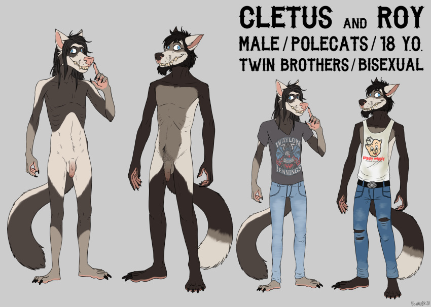 anthro beard body_hair brother brothers cletus_(foxmusk) clothing domestic_ferret duo english_text facial_hair foreskin foxmusk genitals hair hi_res long_hair male mammal model_sheet mustela mustelid musteline penis polecat_(mustelid) redneck roy_(foxmusk) sibling text true_musteline