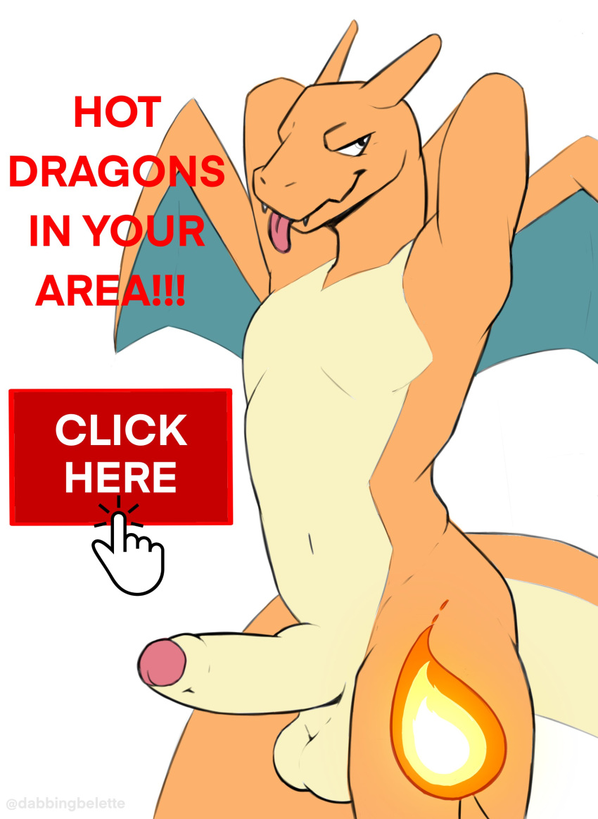 2021 absurd_res advertisement anthro balls biped blep charizard dabelette dragon english_text erection fangs fire foreskin front_view genitals hands_behind_head hi_res humanoid_genitalia humanoid_penis male mouse_cursor multicolored_body nintendo non-mammal_balls nude orange_body penis pok&eacute;mon pok&eacute;mon_(species) seductive simple_background solo tan_body text tongue tongue_out two_tone_body video_games white_background white_eyes wings
