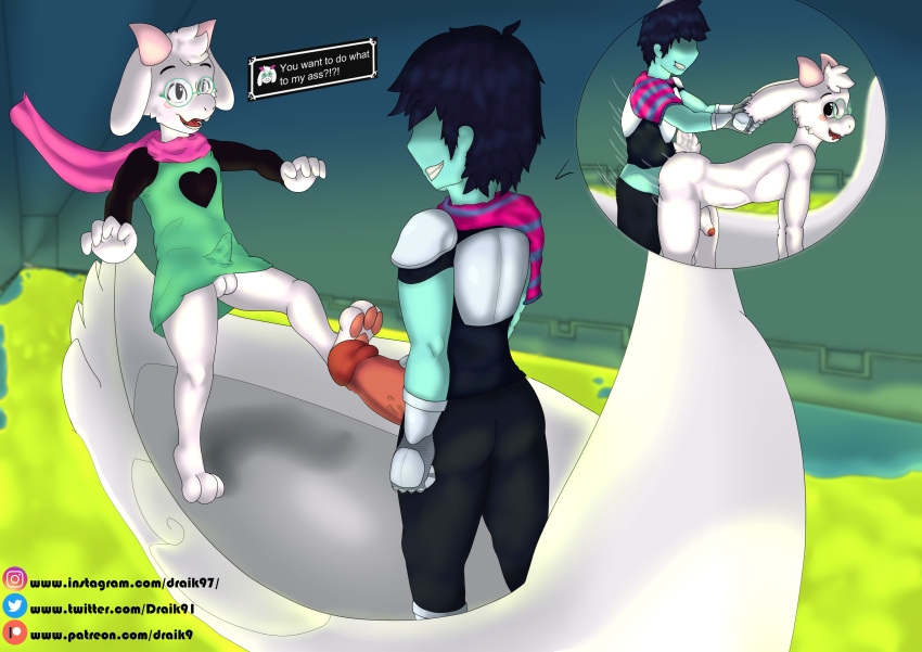 absurd_res anthro balls big_balls big_penis blush bulge butt deltarune digital_media_(artwork) draik duo english_text erection fur genitals hi_res hiding_erection horn huge_penis human humanoid humanoid_genitalia kris_(deltarune) long_penis male male/male male_penetrating mammal mid_transformation nude open_mouth pawpads paws penetration penis ralsei retracted_foreskin sex simple_background smile surprise_buttsex surprised_expression swan_boat text thick_penis undertale_(series) vein veiny_penis video_games white_body white_fur