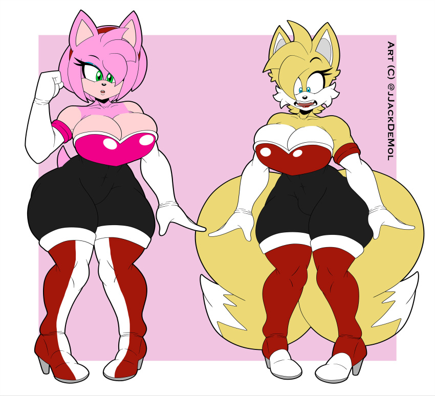 absurd_res accessory amy_rose anthro big_breasts blindstash blue_eyes breasts canid canine clothing crossgender duo eulipotyphlan eyelashes female fox fur green_eyes hair_accessory hairband hedgehog hi_res huge_breasts mammal miles_prower mtf_crossgender pink_body pink_fur sega simple_background sonic_the_hedgehog_(series) tight_clothing wide_hips yellow_body yellow_fur