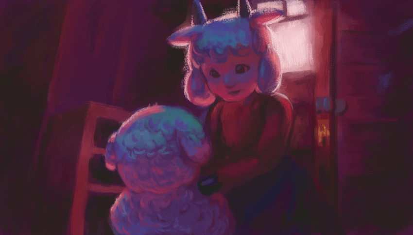 age_difference anthro bottomwear bovid building caprine child closed_door clothing costume digital_media_(artwork) digital_painting_(artwork) door dress duo female fur goat goat_costume gumksoig hi_res hooves horizontal_pupils horn house human light male mammal mature_anthro mature_female mother mother_goat my_little_goat natsuki_(my_little_goat) parent pupils skirt smile standing the_wolf_and_the_seven_little_goats white_body white_fur young younger_male