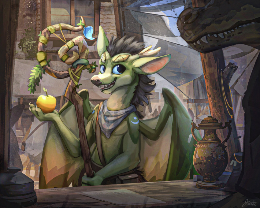 2021 4_fingers anthro apple_(fruit) blue_sclera blue_sky claws day detailed_background digital_media_(artwork) dragon finger_claws fingers food fruit green_body group hi_res holding_apple holding_food holding_fruit holding_object horn jacato lamp looking_at_viewer male market marketplace membrane_(anatomy) membranous_wings mostly_offscreen_character oil_lamp outside paiku plant scarf signature silhouette sky solo_focus staff standing wings