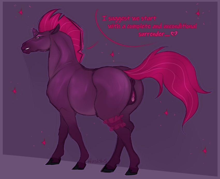accessory anus broken_horn clitoral_winking clitoris dialogue ears_back english_text equid equine female feral friendship_is_magic garter genitals hasbro horn huskii-s looking_back mammal my_little_pony my_little_pony:_the_movie_(2017) pivoted_ears simple_background sneer solo tempest_shadow_(mlp) text unicorn