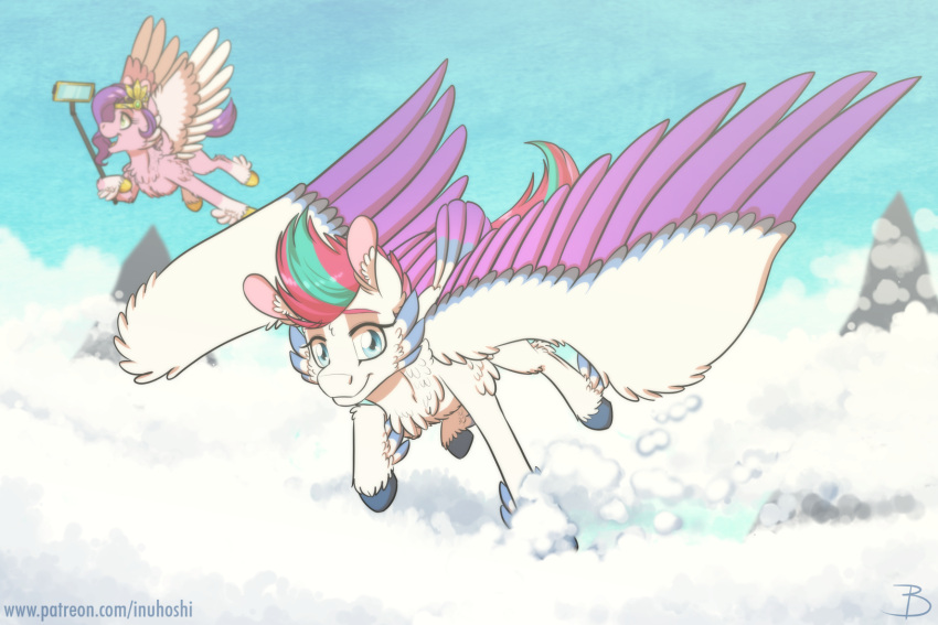 blue_eyes cloud duo equid equine feathers female fluffy flying hasbro headpiece hi_res inuhoshi-to-darkpen mammal mlp_g5 multicolored_body multicolored_feathers multicolored_wings my_little_pony pegasus pipp_petals_(mlp) selfie selfie_stick text url wings zipp_storm_(mlp)