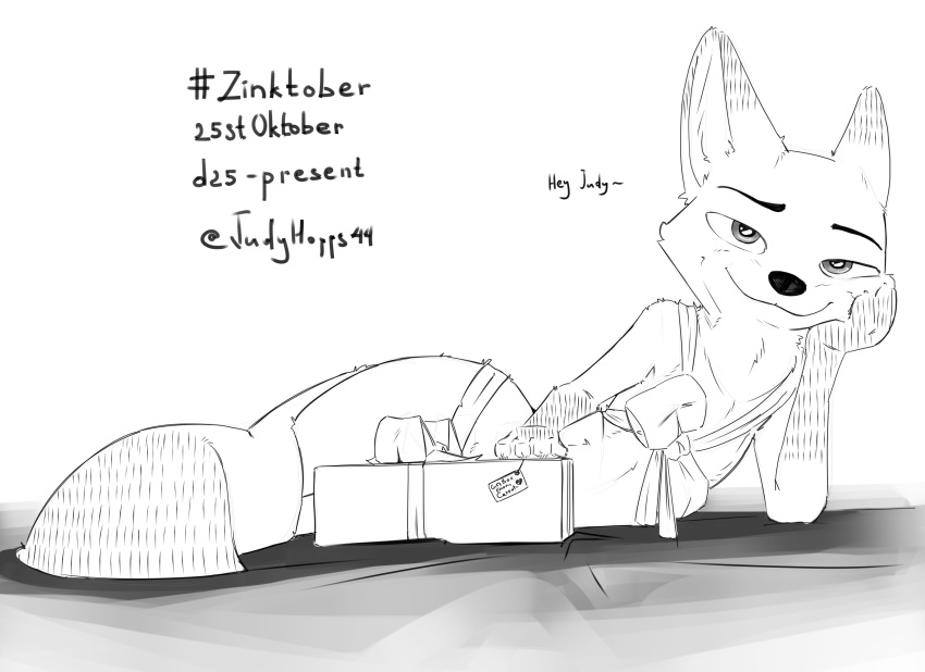 &lt;3 2021 anthro arm_support bow canid canine dialogue disney english_text fox fur gift_bow gift_box gift_tag heart_gift_tag heart_tag hi_res inktober inktober_2021 judyhopps44 leaning_on_elbow looking_at_viewer mammal monochrome name_in_dialogue nick_wilde red_fox smile solo text zootopia