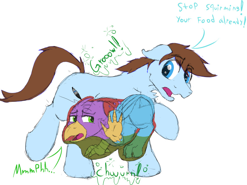 4:3 abdominal_bulge avian beak bird bird_feet blue_body blue_eyes bodily_fluids brown_hair cutie_mark dialogue earth_pony english_text equid equine feathered_crest feathered_wings feathers feral feral_pred feral_prey galliform green_eyes gryphon gyro_feather gyrotech hair hasbro head_crest hi_res horse internal kassc male male_pred mammal my_little_pony mythological_avian mythology open_mouth organs paws peafowl phasianid pink_body pony quadruped same_size_vore stomach stomach_acid swift_sketch_(character) text vore wings