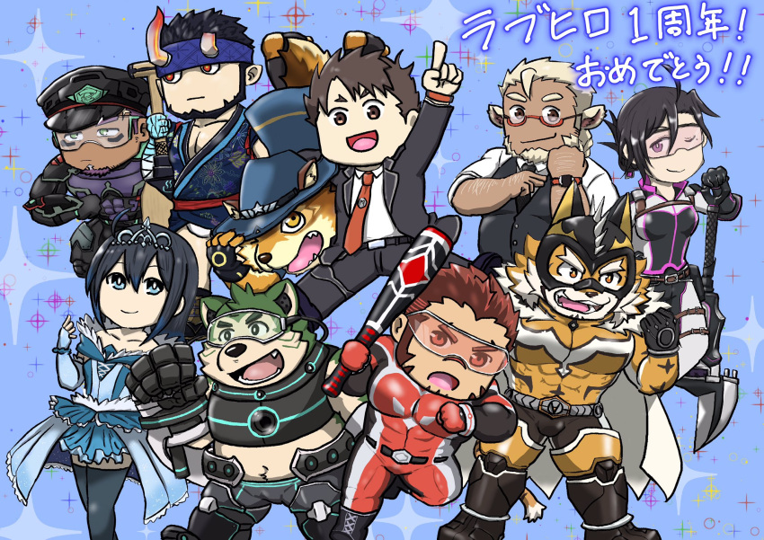 akashi_(live-a-hero) anthro barrel_(live-a-hero) black_hair blonde_hair brown_hair chibi clothing crowne_(live-a-hero) female fur green_body green_fur group hair hi_res huckle human japanese_text lifewonders live-a-hero male male_operator mammal mokdai necktie nessen_(live-a-hero) protagonist_(live-a-hero) ryekie_(live-a-hero) shaft_(live-a-hero) spandex sudakotakoyaki sui_(live-a-hero) suit superhero text tight_clothing video_games