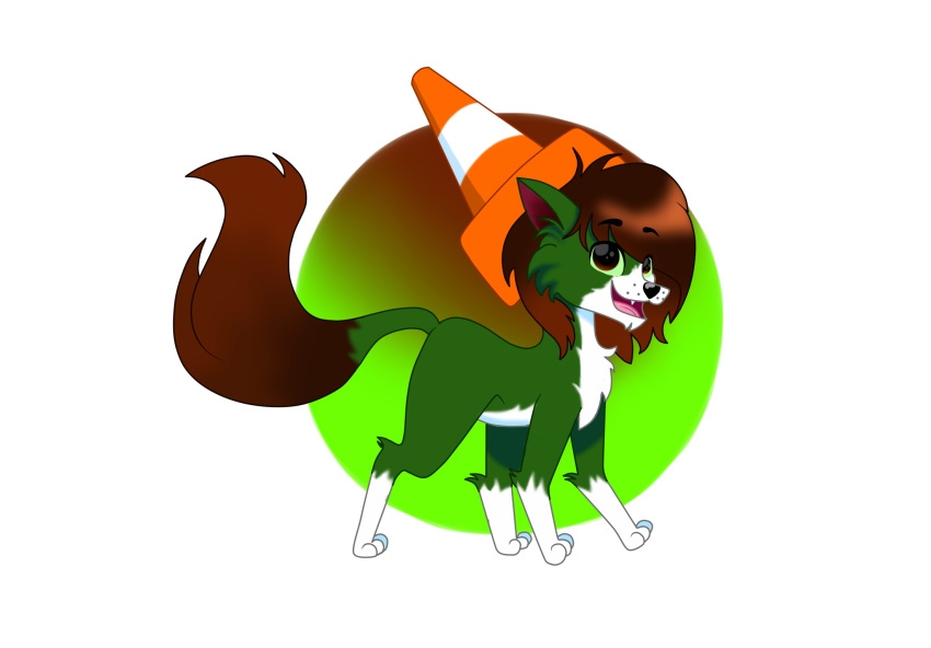 brown_eyes brown_hair brown_tail canid canine canis dire_wolf fan_character feral fur green_body green_fur green_sclera hair heart22-art hi_res male mammal merky_(ponytown) ponytown solo traffic_cone white_paws_(anatomy)