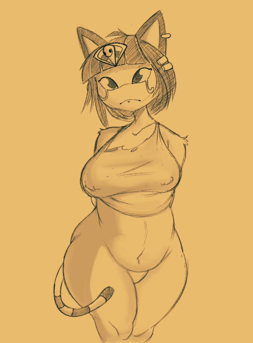 2021 animal_crossing ankha_(animal_crossing) anthro bangs belly blunt_bangs bottomless breasts clothed clothing collarbone crop_top digital_media_(artwork) domestic_cat featureless_crotch felid feline felis female front_view fur hair hands_behind_back hi_res mammal monochrome navel nintendo nipple_outline noseless potbelly shirt simple_background slightly_chubby smokii solo standing tank_top thick_thighs topwear uraeus video_games wide_hips