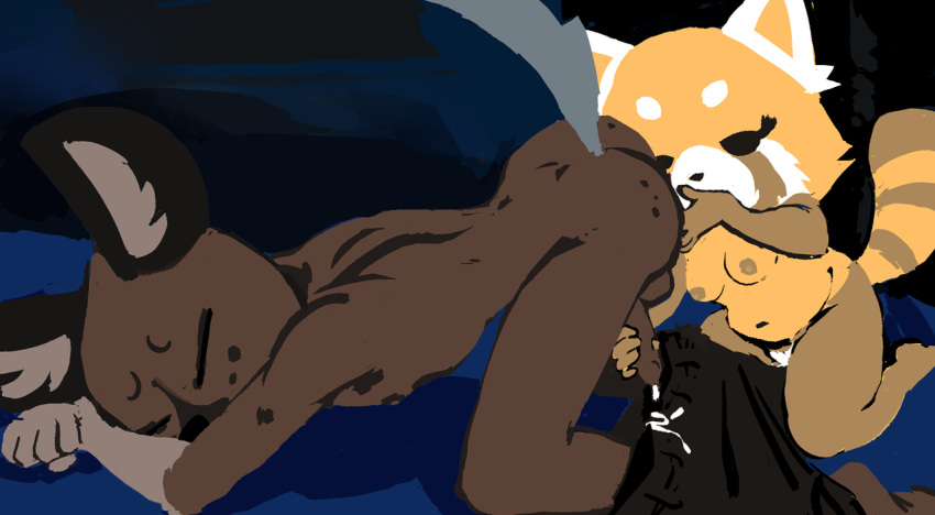 aggressive_retsuko ailurid anal anal_fingering anal_orgasm anthro anthro_on_anthro ass_up balls big-fig bodily_fluids breasts brown_body butt clothed clothing cum cumshot dominant dominant_female duo ejaculation erection eyes_closed female female_fingering_male fingering fingering_partner fur genital_fluids genitals gentle_femdom haida handjob hyaenid male male/female mammal mostly_nude nipples nude orgasm pants_down partially_clothed penile penis penis_milking prostate_milking red_panda retsuko sanrio sex side_view yellow_body yellow_fur