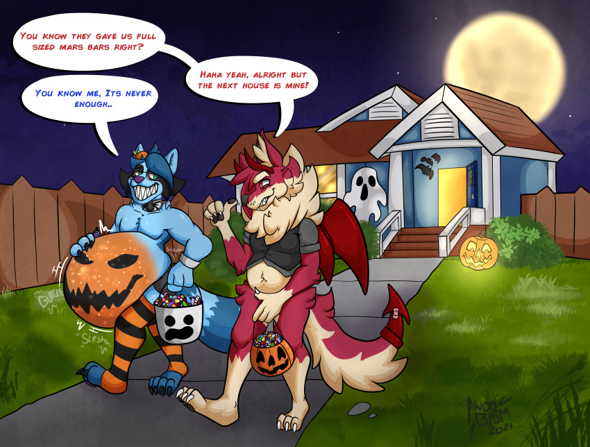absurd_res anthro awoogasm belly big_belly blue_body candy canid canine canis clothing costume dessert digital_media_(artwork) duo english_text food fruit full_moon fur ghost hair halloween hi_res holidays jack-o'-lantern legwear male mammal moon neck_tuft night oral_vore overweight plant procyonid pumpkin raccoon red_body rumbling_stomach slightly_chubby smile spirit stockings teeth text tuft vore vox_(voxelcubed) wolf