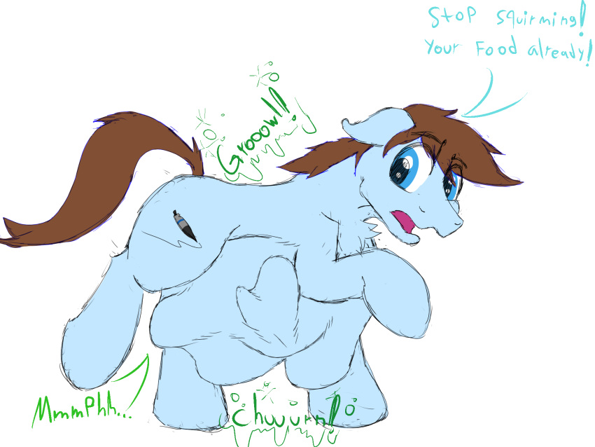 4:3 abdominal_bulge ambiguous_gender ambiguous_prey blue_body blue_eyes brown_hair cutie_mark dialogue earth_pony equid equine feral feral_pred feral_prey gyrotech hair hasbro hi_res horse kassc male male_pred mammal my_little_pony open_mouth pony same_size_vore swift_sketch_(character) vore
