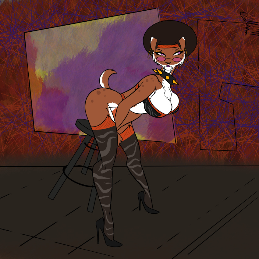 1:1 absurd_res afro anthro clothing collar fangs felid feline female hi_res high_heels hth_studios legwear lingerie machairodontine mammal pantherine panthra78 raquel_wyld_(hth) solo spiked_collar spikes thigh_highs tiger