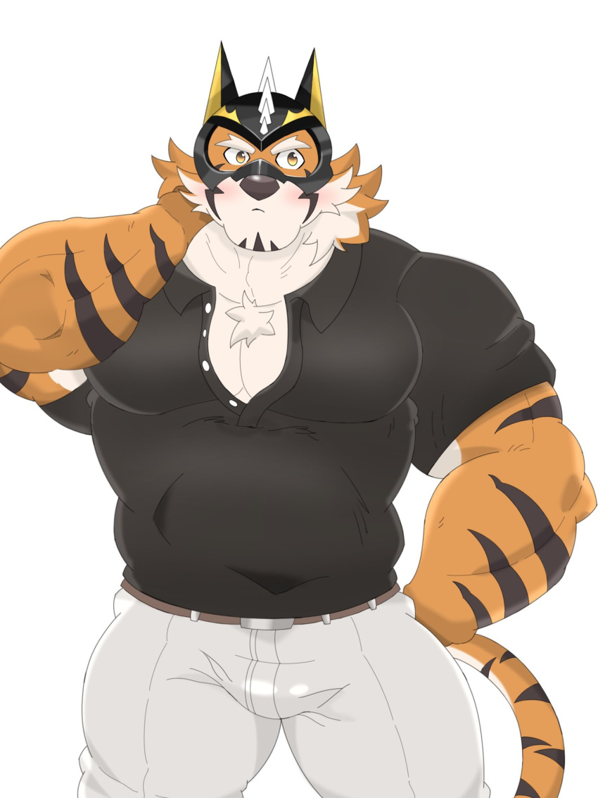 3:4 anthro blush clothing felid fur hi_res lifewonders live-a-hero male mammal mask muscular muscular_anthro muscular_male pantherine pecs piyopiyo_404 polo_shirt ryekie_(live-a-hero) shirt solo striped_body striped_fur stripes superhero tiger topwear video_games