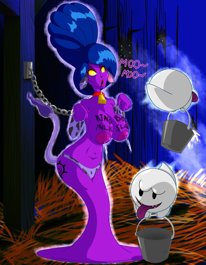 animal_humanoid beehive_(hairstyle) big_breasts blue_hair bodily_fluids body_writing boo_(mario) bovid bovid_humanoid bovine bovine_humanoid breasts bucket butt butt_tattoo cattle_humanoid chain clothing container fangs female ghost hair hellen_gravely hi_res humanoid lactating luigi's_mansion mammal mammal_humanoid mario_bros milk navel nintendo nipples no_pupils panties purple_body purple_skin spirit tattoo tongue tongue_out undead underwear video_games white_body white_skin wildswingding yellow_sclera