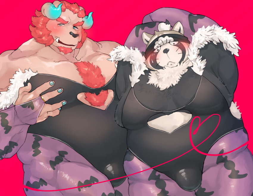 anthro arms_above_head belly blush brown_body brown_fur bulge canid canine chernobog clothed clothing crossdressing demon duo embarrassed fur hi_res horn ituduki_aaa lifewonders live-a-hero male male/male mammal musclegut overweight pecs pink_body pink_fur raccoon_dog shoen tanuki tokyo_afterschool_summoners video_games